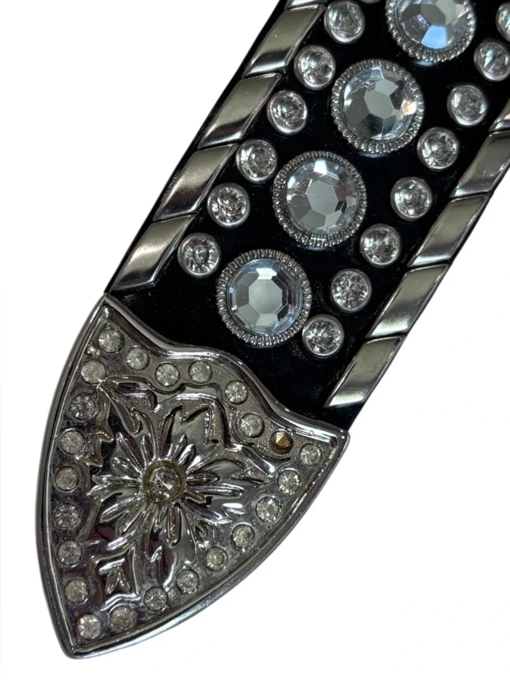 Unbranded Genuine Leather Western Rhinestone Studded Belt Black Silver Size 34 L